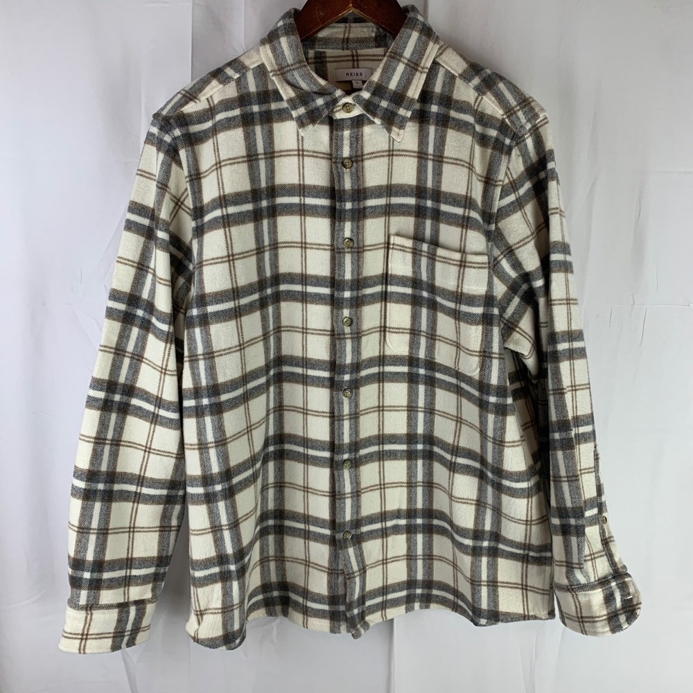 Reiss Hooper Flannel Shirt Mens L Cream Grey Brown Plaid Wool Blend Button Up